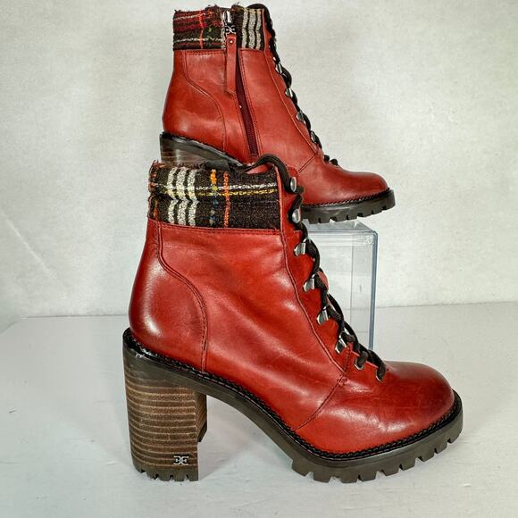 Sam Edelman Sade Block Heel Leather Red Lace Up Ankle Boot Sz 9 Rustic Cabincore - Picture 1 of 7